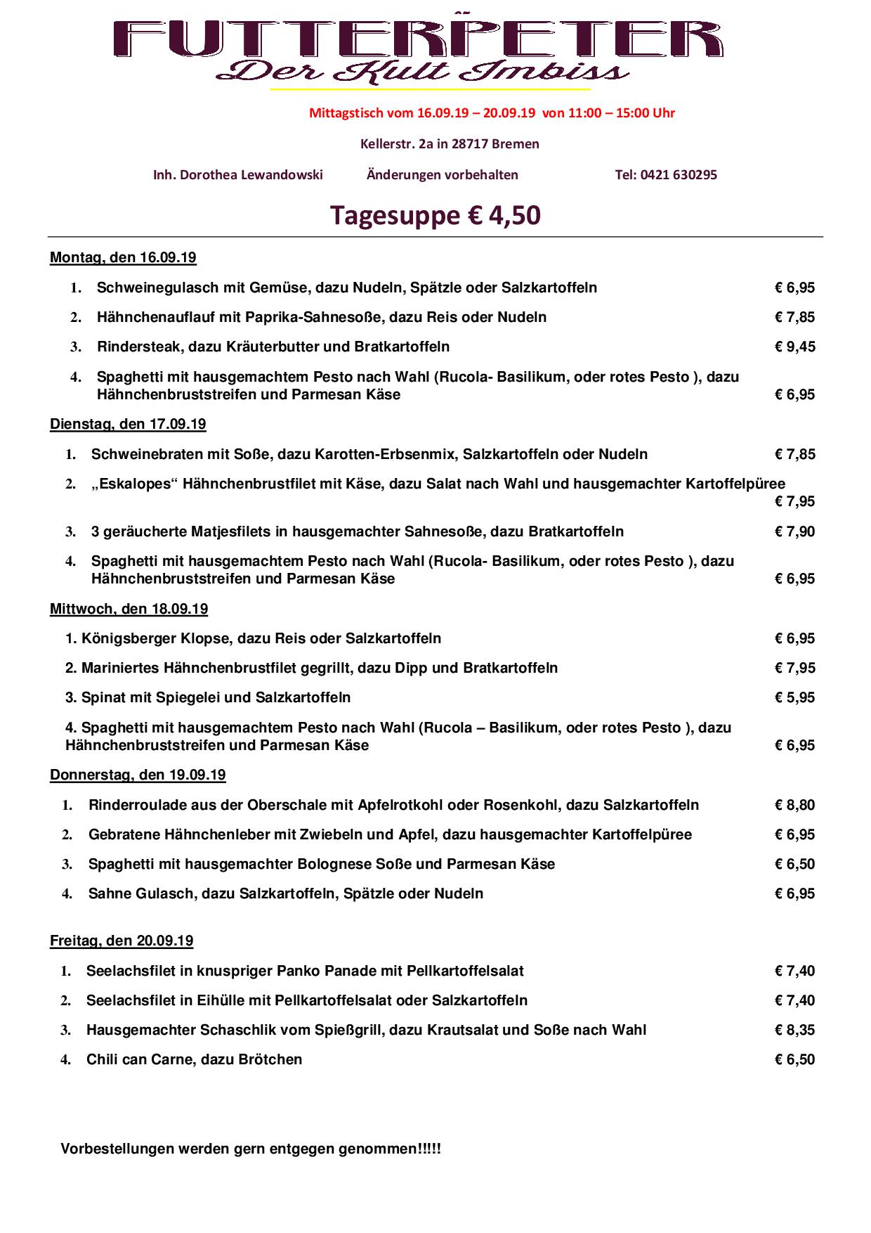 Mittagstisch Karte zum schreiben 16.09 - 20.09.19 - Futterpeter - Der