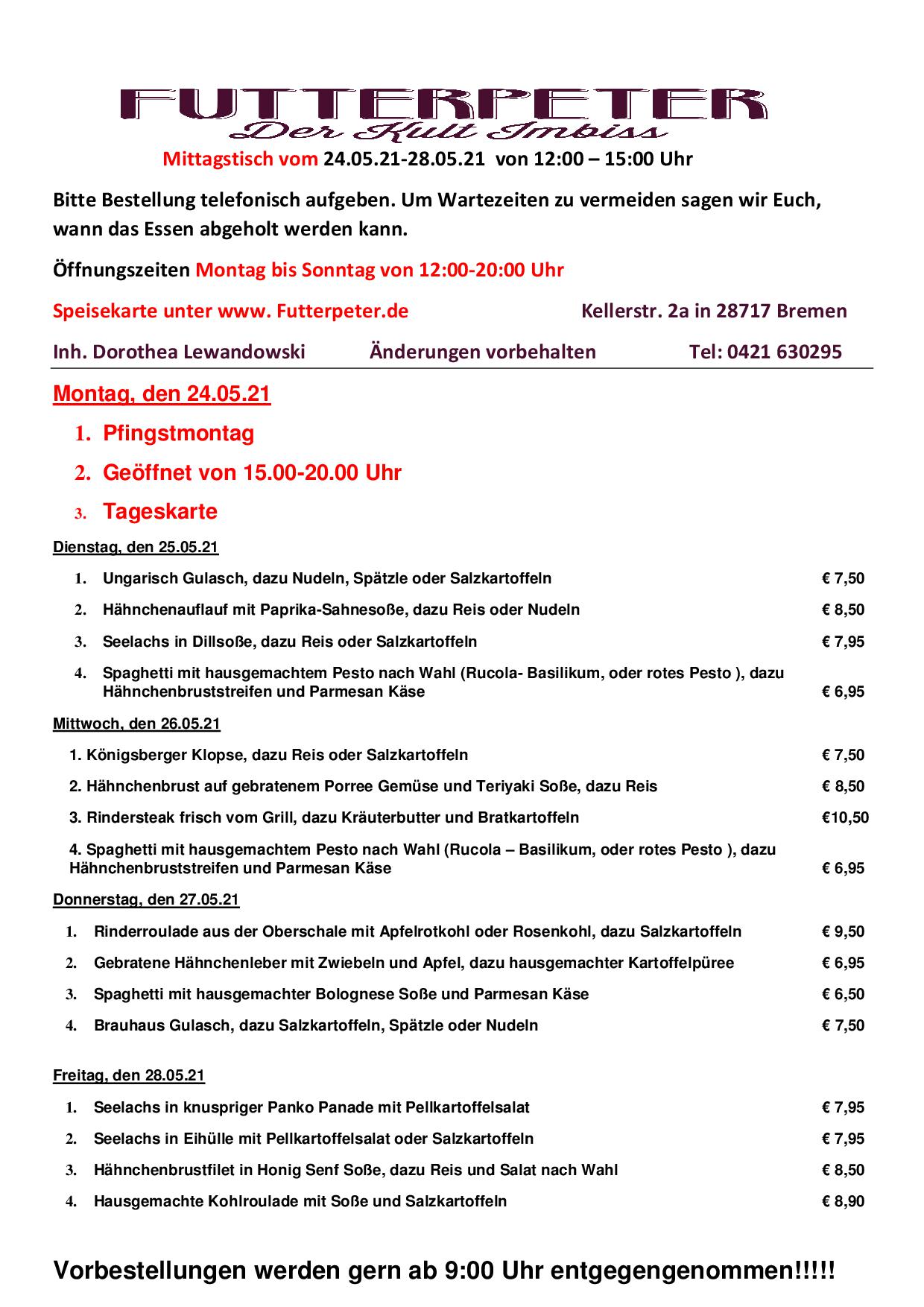 Mittagstisch Karte zum schreiben 24.05-28.05.21 - Futterpeter - Der