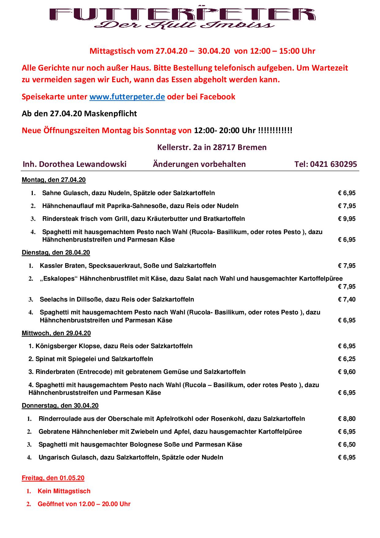 Mittagstisch Karte zum schreiben 27.04-01.05.2020 - Futterpeter - Der