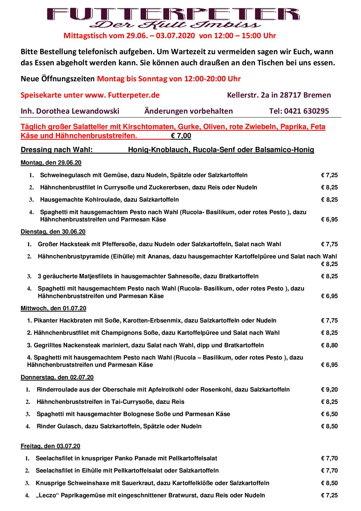 Mittagstisch Karte zum schreiben 29.06-03.07.2020 - Futterpeter - Der